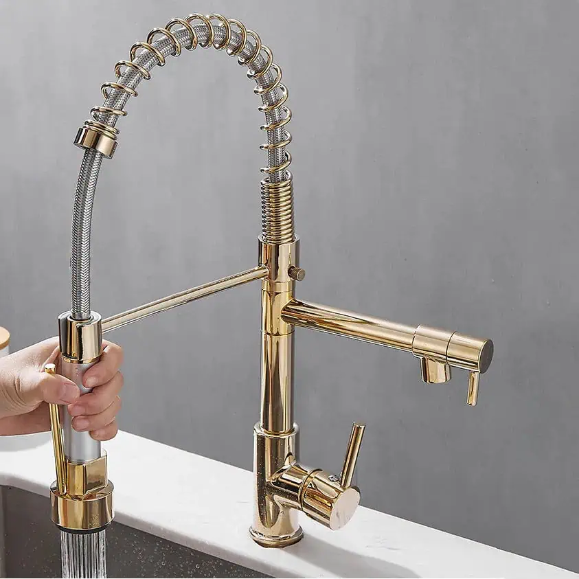 Dubbele keukenkraan met sproeier, tweekleurige mengkraan - Goud / Zilver - Messing 7 ffb09364 f715 44b0 b649 0d6990f56031