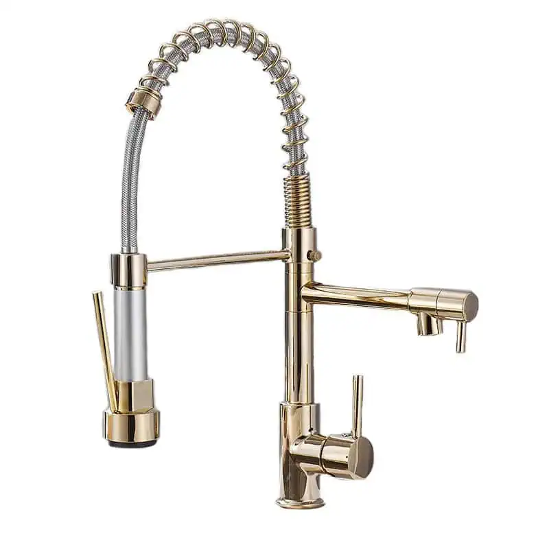 Dubbele keukenkraan met sproeier, tweekleurige mengkraan - Goud / Zilver - Messing 20 45cecc16 6876 48ad 9330 673403616e1e