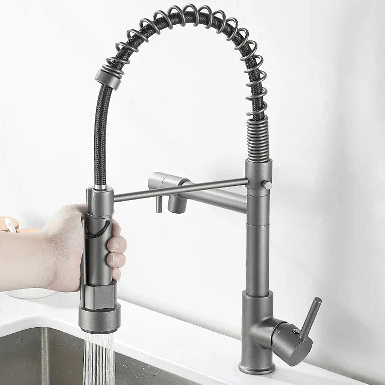 Dubbele keukenkraan met sproeier, tweekleurige mengkraan - Zilver / Zwart - Messing 3 2e74abe7 9259 4d63 b85e 6fe00fe1a4a9