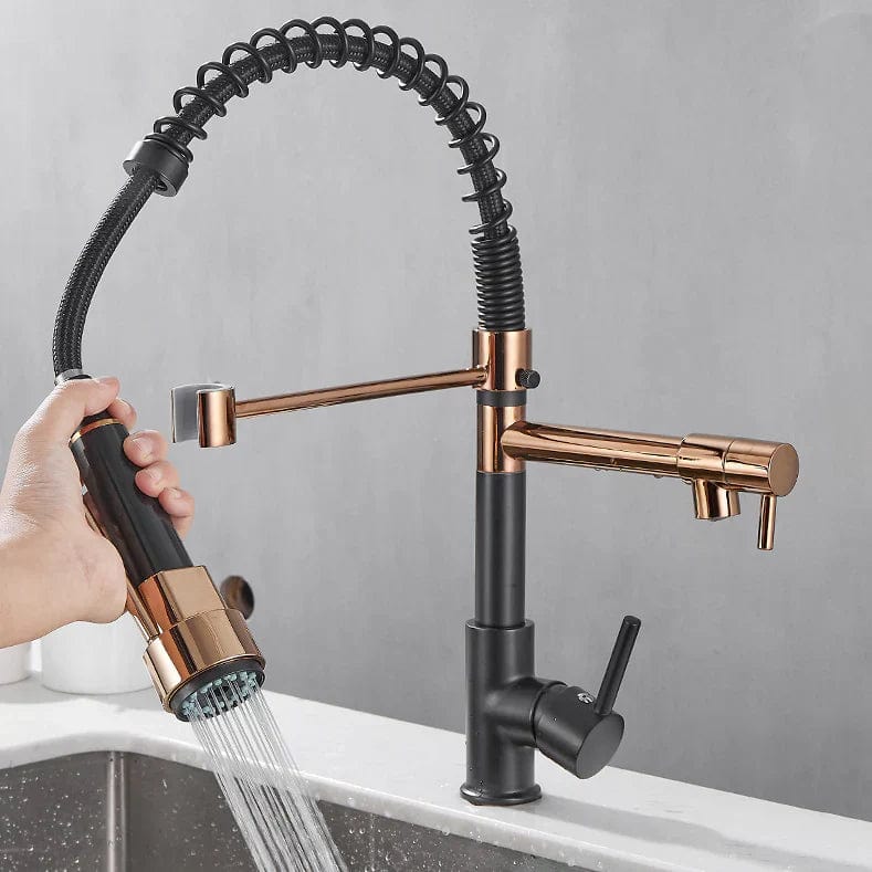 Dubbele keukenkraan met sproeier, tweekleurige mengkraan - Zwart / Goud - Messing 10 9cf6978d d923 4215 a251 5727004a34d3