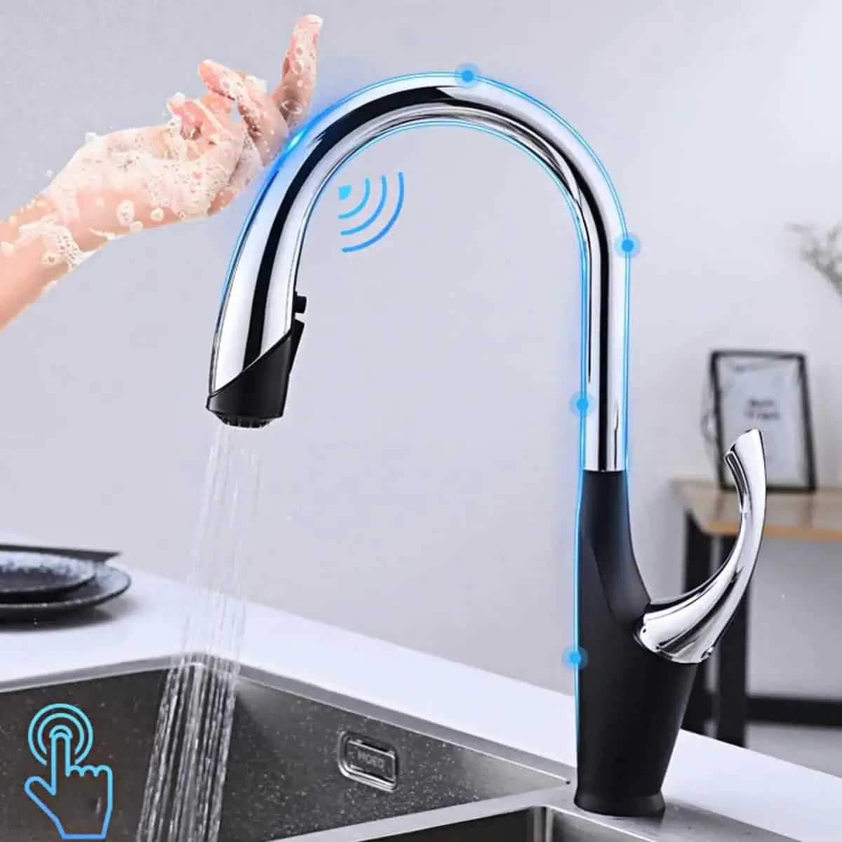 Keukenkraan met flexibele, automatische touch-bediening en uittrekbare sproeikop - Zwart / Zilver - Messing 8 fe0f6398 8795 4d7e 85de 9cb84e224b53